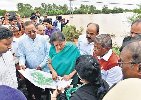 Finance Minister Nirmala Sitharaman inspecting flood-affected areas in Belagavi district on Saturday | Express