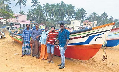 Praveen (Lalu), Ilango, Johnson, Chritadima and Leaser with their boat Avenger at Mariyanadu in Thiruvananthapuram on Friday.