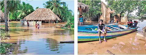 A marooned house at Veeravellipalem in Amalapuram mandal of East Godavari district on Sunday; boys sit in a boat in a flooded locality at Veeravaram village in Devipatnam mandal (Photo |EPS)