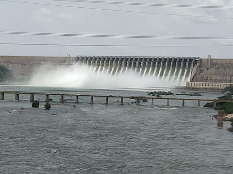 Nagarjuna Sagar dam officials lifted 24 crest gates and releasing above one lakh cuses to downstream on Monday (Photo | EPS)