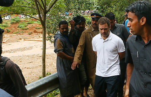 Wayanad MP Rahul Gandhi visiting the flood-hit areas of the constituency. (Photo | TP Sooraj, EPS)
