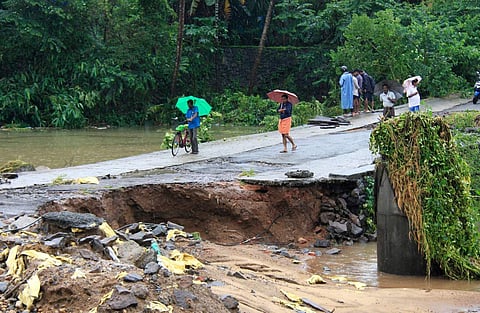 A visual of the damaged AP Varkey road which connects to Kalady near Nedumbassery in Kochi, Kerala on 10 August 2019. (Photo | Arun Angela, EPS)