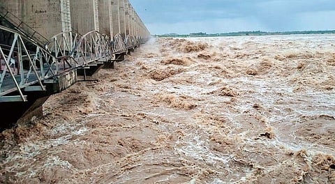 Floodwaters released from Jurala project on Monday (Photo| EPS)