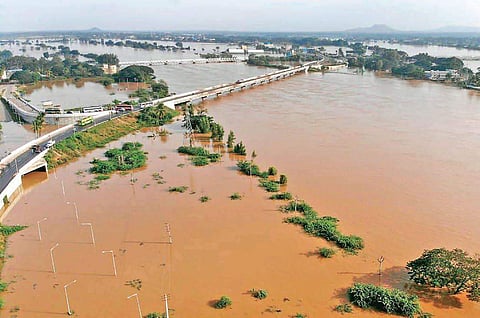 An aerial view of flood-affected areas in Tirumakudalu Narasipura town of Mysuru district on Monday (Photo |EPS)