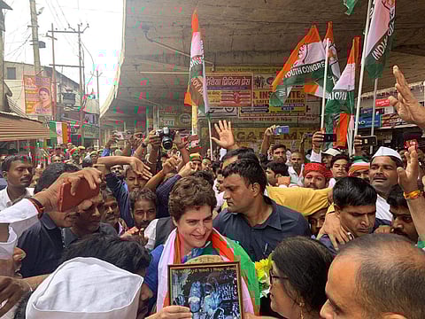 Congress leader Priyanka Gandhi Vadra being welcomed in Varanasi on 13 August 2019. (Photo | By special arrangement)