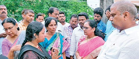 AP Women’s Commission Chairperson Vasireddy Padma and MLA Malladi Vishnu consoling the family members of G Manikranthi in Vijayawada on Monday | Express