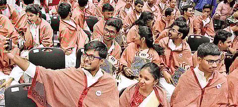 A student takes selfie with his classmate after receiving graduation certificates at the first convocation of IIT-Tirupati in Yerpedu (Photo| EPS, madhav K)