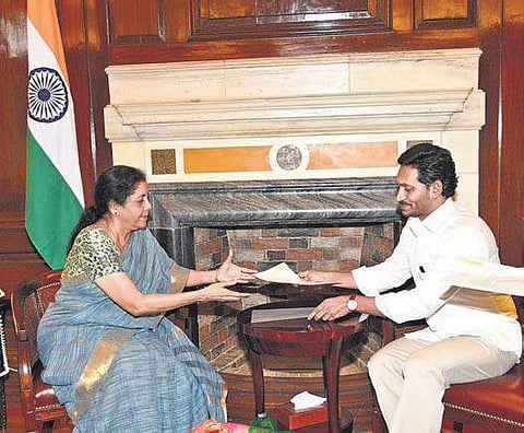 CM YS Jagan Mohan Reddy with Union Finance Minister Nirmala Sitharaman in New Delhi on Wednesday I Express