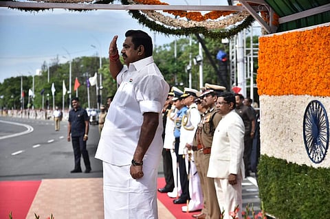 Tamil Nadu Chief Minister Edappadi K Palaniswami receives the guard of honour at the Independence Day celebrations at assembly in Chennai on Thursday (Express| P Jawahar)
