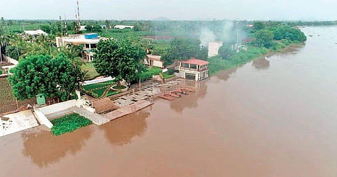 An aerial view of the flooded Karakatta near Vijayawada;