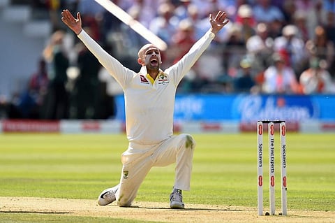 Australia's Nathan Lyon celebrates taking the wicket of England's Ben Stokes (unseen) for 13 runs on the second day of the second Ashes cricket Test match between England and Australia at Lord's Cricket Ground. (Photo | AFP)