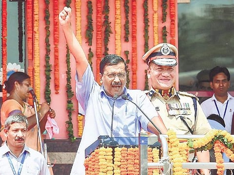 Delhi Chief Minister Arvind Kejriwal delivering his speech during the Independence Day celebrations at Chhatrasal Stadium in the capital on Thursday. (Photo | PTI)
