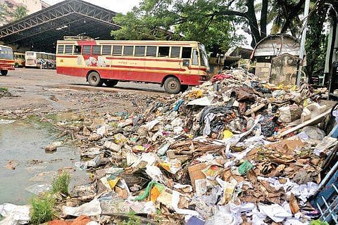 Buses parked near the garbage pile inside the KSRTC bus stand in ThampanoorVincent Pulickal