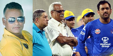 Late Tamil Nadu cricketer VB Chandrasekhar (L) and CSK owner N Srinivasan with CSK skipper MS Dhoni. (Photo | CSK Twitter and EPS)
