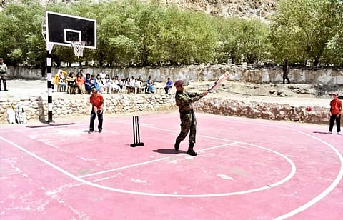 In the picture, Dhoni is seen hitting the ball. (Photo | Twitter)
