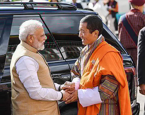 Prime Minister Narendra Modi and the Prime Minister of Bhutan Lotay Tshering before a meeting in Thimphu, Bhutan. (Photo | PTI)