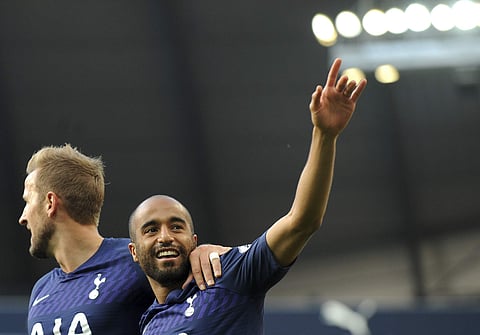 Tottenham's Lucas Moura, right, celebrates with Tottenham's Harry Kane, left, after scoring his side's second goal. (Photo | AP)