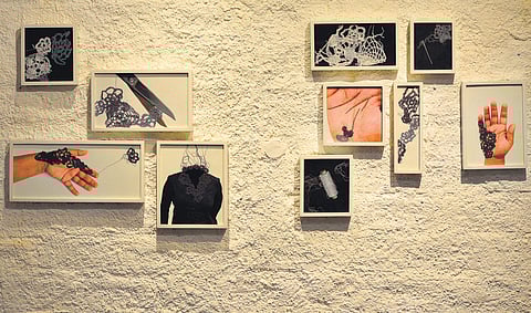 Stitched Skin (2019) by Shivani Aggarwal, set of 10 photographs and paintings with crochet work