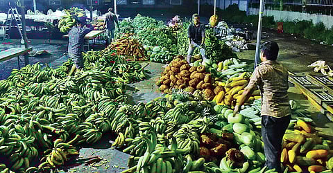 Farmers sort out their produce brought from various parts of the district for the farmers’ market at Marine Drive on Saturday. The two-day market being organised by AOAOK, begins today| Albin Mathew
