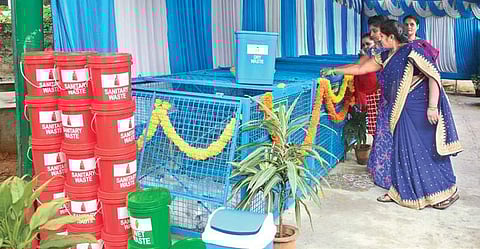 Dry and wet waste bins to segregate garbage at BBMP’s head office I Shriram B N