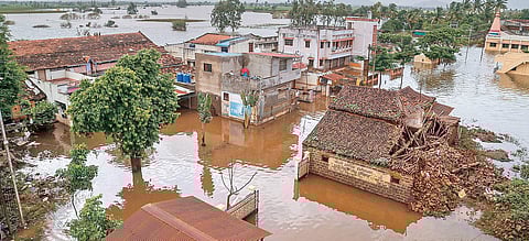 A view of a flooded area following incessant rainfall in Kolhapur district of Maharashtra on Monday. | PTI