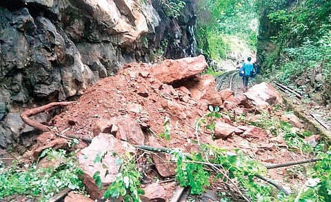 Boulders on the track on Niligiri Mountain Railway Track near hillgrove Railway station on Sunday | Express