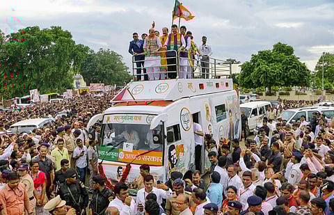 Defence Minister Rajnath Singh with Maharashtra Chief Minister Devendra Fadnavis and others take part in the 'Maha Janadesh Yatra' at Amravati Thursday Aug 1 2019. | PTI