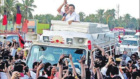 Stalin canvassing votes for Kathir Anand in Ambur on Monday | Dinesh S