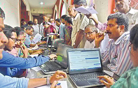 People submitting their petitions at the Spandana programme in Vijayawada on Monday (Photo | EPS,P Ravindra Babu)