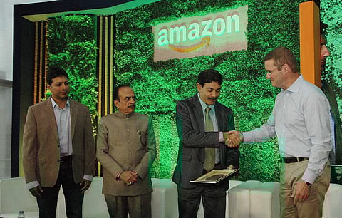 (From Left to Right) Amazon India Senior Vice President Amit Agarwal, Deputy chief minister of Telangana Mahmood Ali, IT Secretary, Jayesh Ranjan, and  Amazon real estate chief John Schoettler during the inauguration of Amazon’s largest campus building in