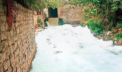 Water mixed with chemicals and toxic gases flow into Hussainsagar lake in Hyderabad on Tuesday| Express