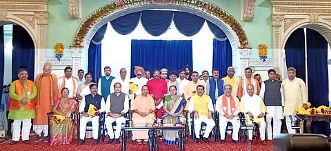 CM Yogi Adityanath with newly appointed Ministers in the UP cabinet. (Photo | @myogiadityanath, Twitter)