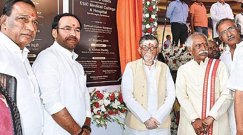 Union ministers Santosh Gangwar, Kishan Reddy and former MP Bandaru Dattareya at ESIC Medical College, in Hyderabad on Wednesday | RVK Rao