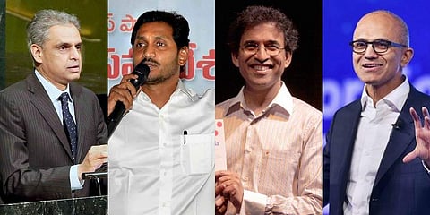 (From L) India's permanent representative at the United Nations Syed Akbaruddin, Andhra Pradesh CM YS Jagan Mohan Reddy, cricket commentator Harsha Bhogle and Microsoft CEO Satya Nadella (File Photo | PTI)