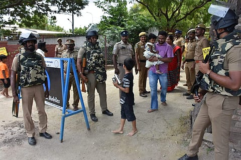Police stationed outside Iskcon temple in Coimbatore following a high alert in the state. (Photo | U Rakesh Kumar, EPS)