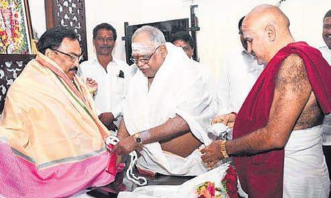 New Kanaka Durga temple Executive Officer MV Suresh Babu being blessed by priests on Thursday | Express