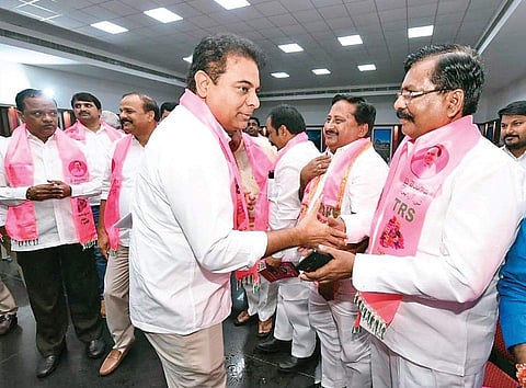 TRS working president KT Rama Rao interacts with party leaders and workers at TRS Bhavan in Hyderabad on Thursday | Express