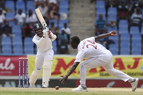 Ravindra Jadeja plays a shot from the bowling of West Indies' Kemar Roach during day two of the first Test cricket match at the Sir Vivian Richards cricket ground in North Sound. (Photo | AP)