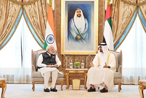 PM Narendra Modi with crown Prince Mohamed Bin Zayed (Photo | PMO India, Twitter)