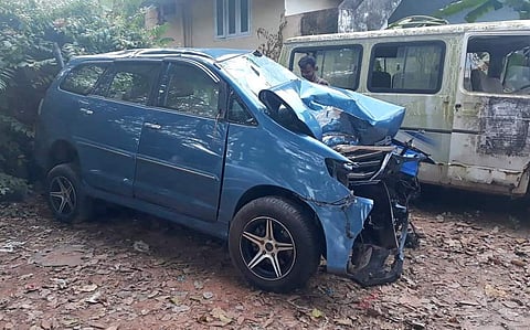 Mangled remains of musician Balabhaskar's car that met with an accident near Pallippuram in Thiruvananthapuram. (Photo | EPS)