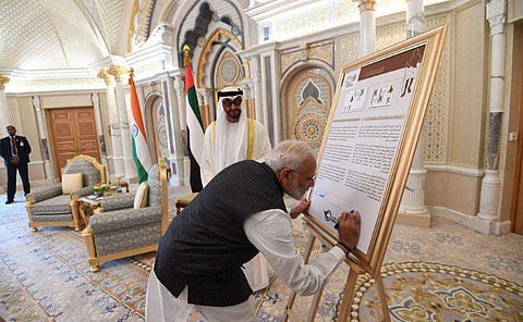 Ahead of Mahatma Gandhi's 150th birth anniversary, PM Modi releases Mahatma Gandhi stamps in UAE. (Photo | PMO India, Twitter)