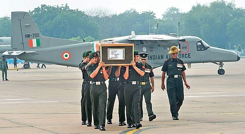 Jawans shoulder the mortal remains of Gorkha Rifles jawan, Rajib Thapa at AFS Palam, in New Delhi on Saturday. Thapa lost his life in ceasefire violation by Pakistan in Naushera sector of Jammu and Kashmir on Friday. (Photo | PTI)