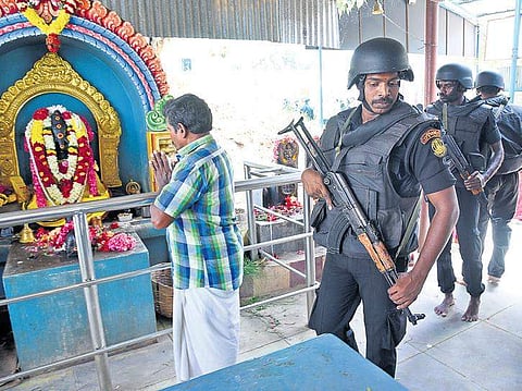 Police commandos at Kovai’s Ukkadam Lakshmi Narasimhar Temple | A Raja Chidambaram