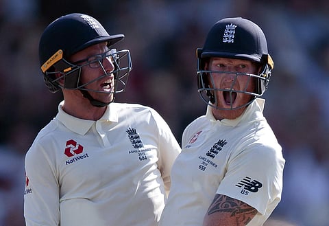 England's Ben Stokes, right, with Jack Leach celebrates after scoring the winning runs on the fourth day of the 3rd Ashes Test cricket match between England and Australia at Headingley cricket ground in Leeds. (Photo | AP)