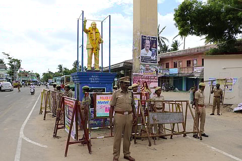 The new statue of Dr BR Ambedkar installed in place of the vandalised one in Vedaranyam on Morning. | (Antony Fernando | EPS)