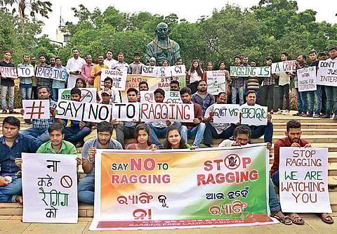 Students displaying banners against ragging in Bhubaneswar on Sunday | Irfana