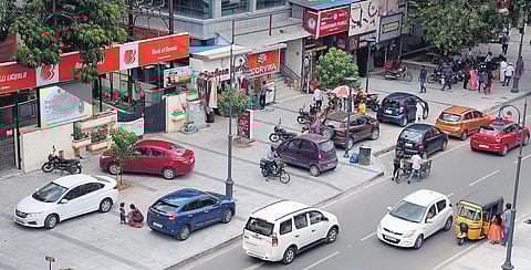 Illegal parking of cars and bikes on the pedestrian plaza at Pondy Bazaar | Martin Louis