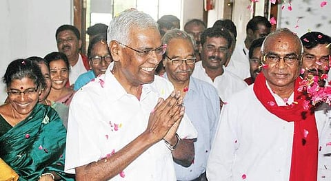 Newly-elected CPI general secretary D Raja with party State secretary Chada Venkat Reddy in Hyderabad on Sunday (Photo| EPS, Sathya Keerthi)