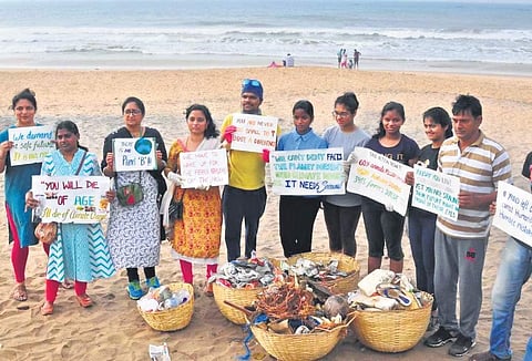 Members of ‘We the Flora and Fauna’ team at RK Beach in Visakhapatnam won Sunday morning (Photo |EPS)