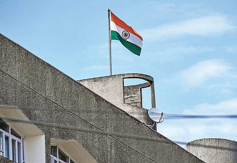 The Indian national flag flutters atop Civil Secretariat in Srinagar. (Photo | PTI)
